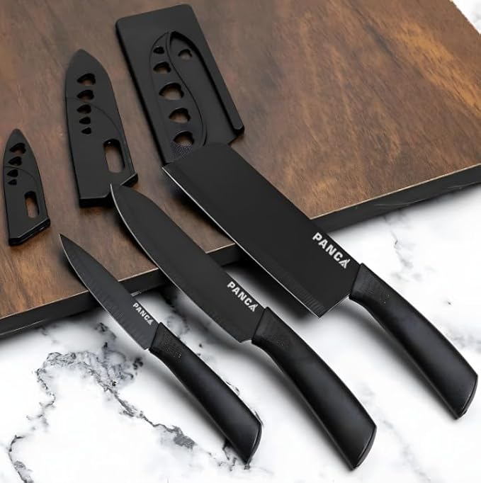 PANCA Knife Set of 3 with Cover, Stainless Steel Knives for Kitchen Sharp Edge Cutting Chef Knifes for Chopping Vegetables, Fruits, Multipurpose Knife, Kitchen Tools(Set of 3, Black)