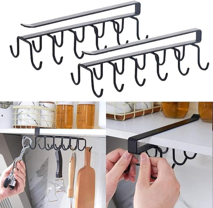 1 Pcs Double-Row 12 Hooks for Kitchen Storage - Cupboard Hanging Organizer for Coffee, Tea Cups, Towels, and More  Versatile Metal Hooks for Home, Office