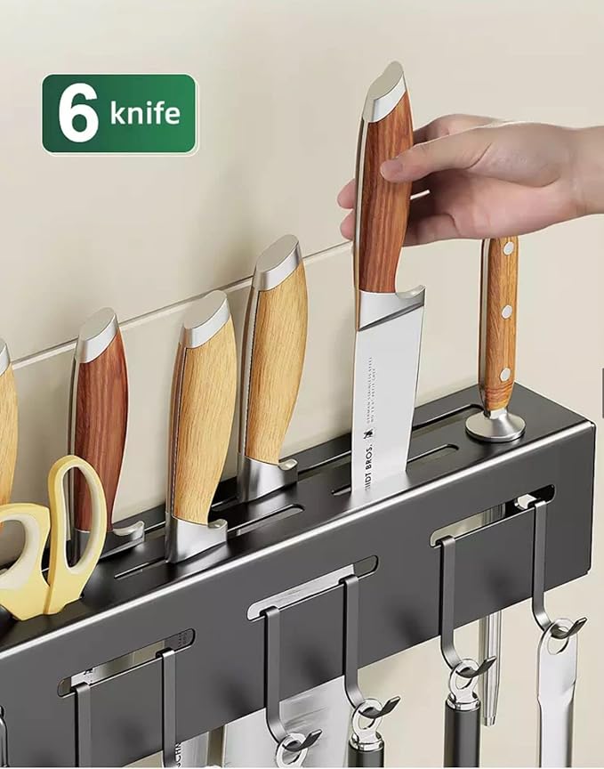 Kitchen Shelf Wall Mount Knife Holder,Towel Hanger, Spatula Ladle Hanging Hooks, Cutlery Holder Storage Rack High Grade Metal Multi-Purpose (44 x 4.5 x 8cm)