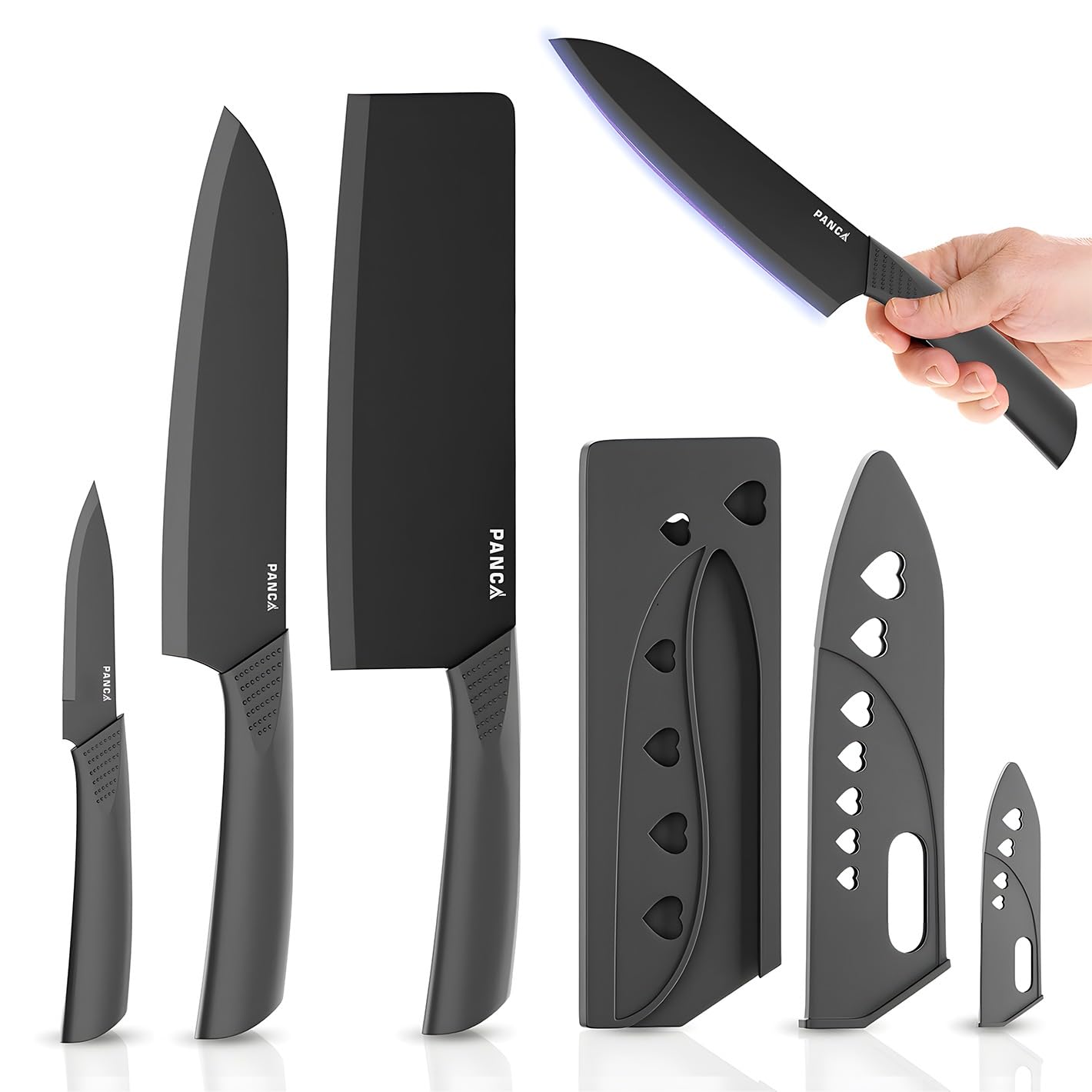 PANCA Knife Set of 3 with Cover, Stainless Steel Knives for Kitchen Sharp Edge Cutting Chef Knifes for Chopping Vegetables, Fruits, Multipurpose Knife, Kitchen Tools(Set of 3, Black)