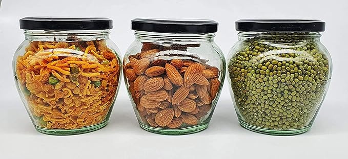 SITOVI Transparent Glass Jar and Container Air Tight Black Lid for Kitchen 400 ml Mataki Glass Jar with Airtight Metal Lid Pack of (6)