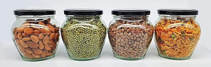 SITOVI Transparent Glass Jar and Container Air Tight Black Lid for Kitchen 400 ml Mataki Glass Jar with Airtight Metal Lid Pack of (6)