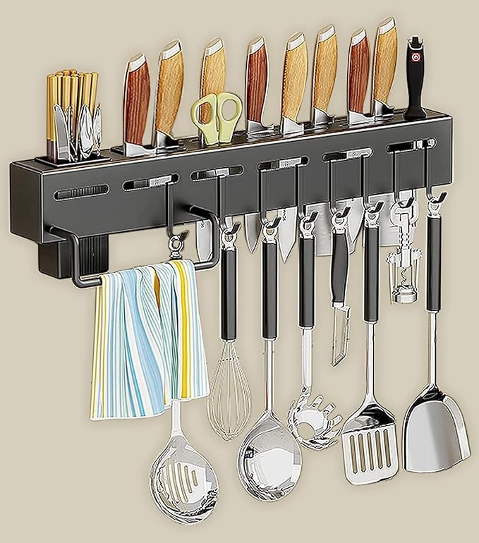 Kitchen Shelf Wall Mount Knife Holder,Towel Hanger, Spatula Ladle Hanging Hooks, Cutlery Holder Storage Rack High Grade Metal Multi-Purpose (44 x 4.5 x 8cm)