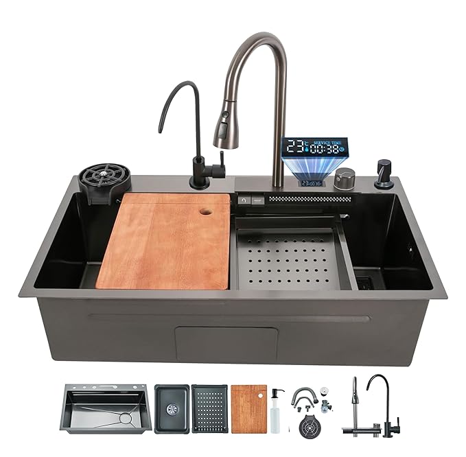 Maruti Enterprise 30x18x9 5-Year Warranty Original Smart Piano Waterfall Pure Premium Stainless Steel Kitchen Sink with Pull-Down Faucet, LED Panel & Touchscreen Display  Black Honeycomb Finish (2 Button)