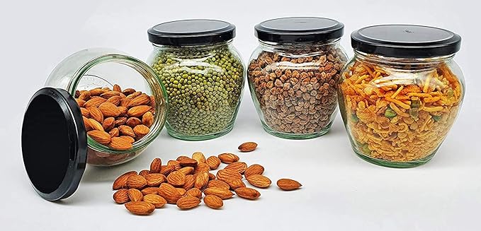 SITOVI Transparent Glass Jar and Container Air Tight Black Lid for Kitchen 400 ml Mataki Glass Jar with Airtight Metal Lid Pack of (6)