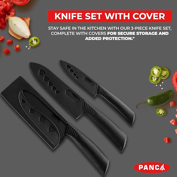 PANCA Knife Set of 3 with Cover, Stainless Steel Knives for Kitchen Sharp Edge Cutting Chef Knifes for Chopping Vegetables, Fruits, Multipurpose Knife, Kitchen Tools(Set of 3, Black)