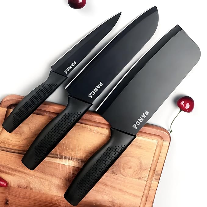 PANCA Knife Set of 3 with Cover, Stainless Steel Knives for Kitchen Sharp Edge Cutting Chef Knifes for Chopping Vegetables, Fruits, Multipurpose Knife, Kitchen Tools(Set of 3, Black)