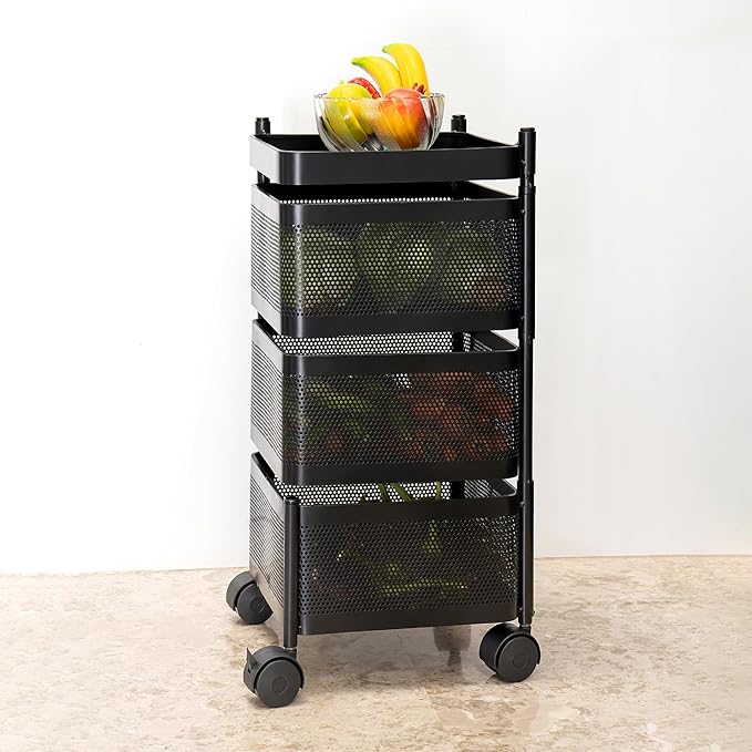 Kitchenwell Metal Multi-Purpose Trolley Storage Organizer and Kitchen Accessories Items for Kitchen Storage Rack Square Design Fruits & Vegetable Onion Cutlery (Matt Black, 3 Layer Drawer)