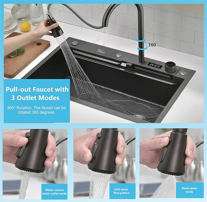 Maruti Enterprise 30x18x9 5-Year Warranty Original Smart Piano Waterfall Pure Premium Stainless Steel Kitchen Sink with Pull-Down Faucet, LED Panel & Touchscreen Display  Black Honeycomb Finish (2 Button)