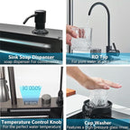 Maruti Enterprise 30x18x9 5-Year Warranty Original Smart Piano Waterfall Pure Premium Stainless Steel Kitchen Sink with Pull-Down Faucet, LED Panel & Touchscreen Display  Black Honeycomb Finish (2 Button)