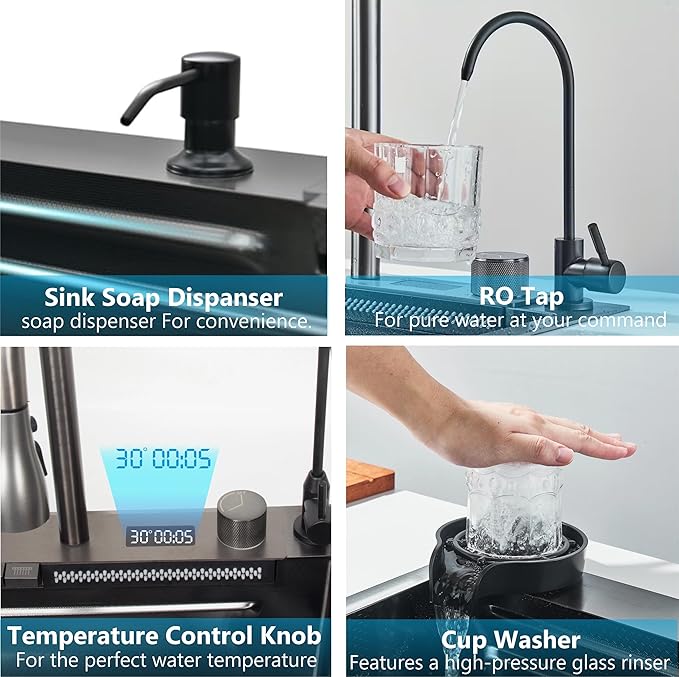 Maruti Enterprise 30x18x9 5-Year Warranty Original Smart Piano Waterfall Pure Premium Stainless Steel Kitchen Sink with Pull-Down Faucet, LED Panel & Touchscreen Display  Black Honeycomb Finish (2 Button)