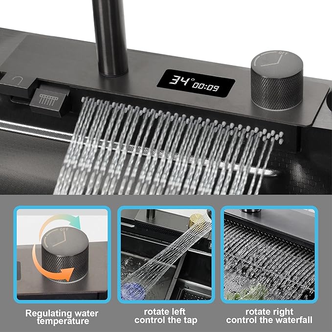 Maruti Enterprise 30x18x9 5-Year Warranty Original Smart Piano Waterfall Pure Premium Stainless Steel Kitchen Sink with Pull-Down Faucet, LED Panel & Touchscreen Display  Black Honeycomb Finish (2 Button)