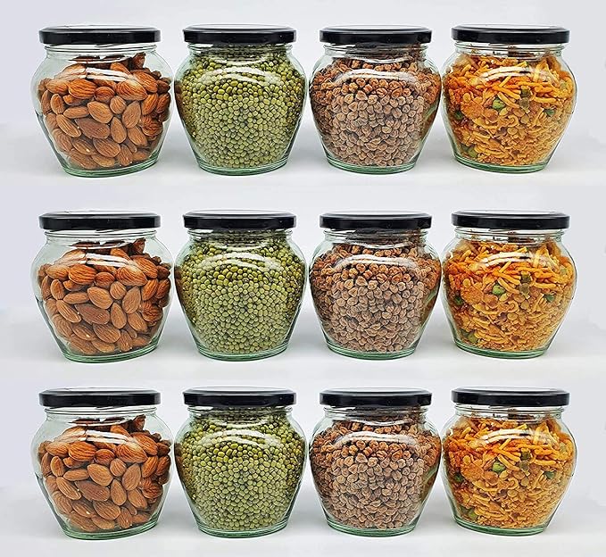 SITOVI Transparent Glass Jar and Container Air Tight Black Lid for Kitchen 400 ml Mataki Glass Jar with Airtight Metal Lid Pack of (6)