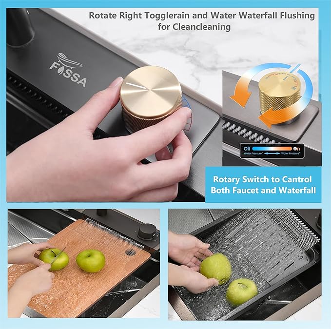 Maruti Enterprise 30x18x9 5-Year Warranty Original Smart Piano Waterfall Pure Premium Stainless Steel Kitchen Sink with Pull-Down Faucet, LED Panel & Touchscreen Display  Black Honeycomb Finish (2 Button)